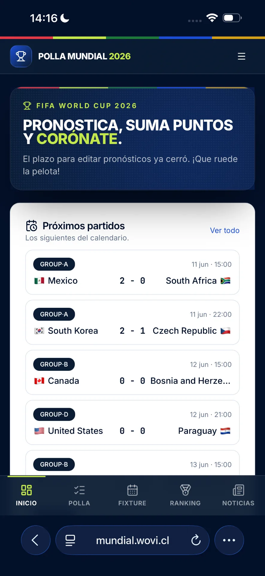 Pantalla de inicio de Polla Mundial 2026 con próbimos partidos