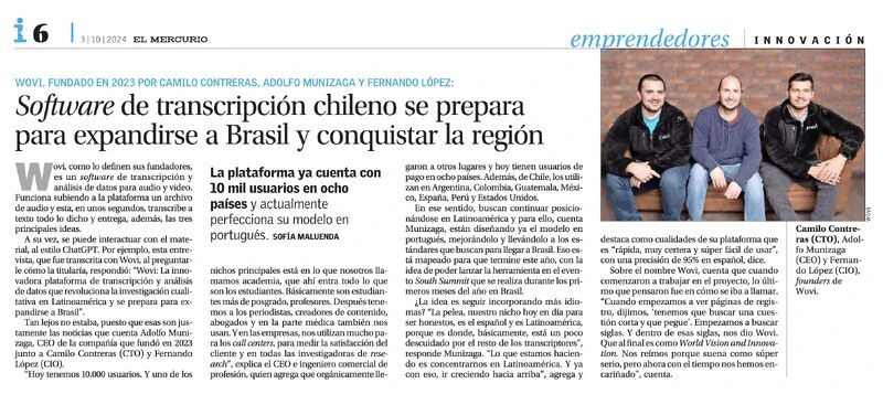 Wovi en El Mercurio: un software de transcripción chileno rumbo a Brasil